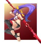  1girl antenna_hair ass backless_outfit barefoot black_panties black_pants blazblue blazblue:_central_fiction blazblue_variable_heart blue_hair border bow breasts eiji_(eiji) feet foot_focus halter_top halterneck highres holding holding_weapon large_breasts long_hair mai_natsume official_art outseal panties pants polearm red_eyes revealing_clothes smile soles spear thighhighs toes underwear weapon white_border yellow_bow 