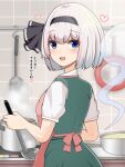  1girl apron black_bow black_hairband black_ribbon blue_eyes bob_cut bow breasts collared_shirt cooking finaltakenoko frying_pan green_skirt green_vest hair_ribbon hairband highres konpaku_youmu konpaku_youmu_(ghost) pink_apron pot ribbon shirt short_hair short_sleeves silver_hair skirt skirt_set small_breasts smile solo spatula spoon touhou translation_request vest white_shirt 