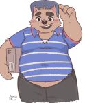  2022 absurd_res anthro belly big_belly black_nose blush bottomwear box brown_body canid canine canis clothing container delivery_(commerce) delivery_employee domestic_dog hat headgear headwear hi_res humanoid_hands jamiephut kemono male mammal overweight overweight_male pants shirt simple_background solo topwear white_background 