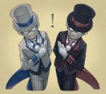  ! 2boys :&gt; :&lt; ake_(limited_timeac) arm_behind_back black_coat black_pants black_suit coat commentary_request emmet_(pokemon) formal frown gloves glowing glowing_eyes grey_eyes grey_hair hand_on_own_chest hat highres ingo_(pokemon) male_focus monocle multiple_boys official_alternate_costume open_mouth pants pokemon pokemon_(game) pokemon_masters_ex siblings sideburns simple_background smile suit tailcoat top_hat twins white_coat white_gloves white_pants white_suit yellow_background 