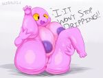  anthro anus areola behniis big_breasts black_eyes bodily_fluids breasts brittle_(plaga) english_text exclamation_point female genital_fluids genitals gravelin hand_on_leg hi_res huge_breasts huge_thighs nipples non-mammal_breasts nude open_mouth pink_body purple_nipples pussy pussy_juice raised_leg scalie sitting solo text thick_thighs yellow_sclera 
