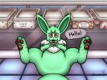 2022 4_legs ambiguous_gender angelthegamer brown_body brown_eyes brown_fur brown_hair brown_nose brown_pawpads brown_paws brown_pupils butt dessert dialogue eevee eyelashes fan_character feet feral food foot_focus freckles fur fur_markings green_body green_fur green_hair green_skin green_tail hair hi_res ice_cream ice_cream_parlor looking_at_viewer lying lying_on_ground markings minty_(angelthegamer) multicolored_body multicolored_fur multicolored_skin mutlicolored_hair nintendo on_back open_mouth open_smile pawpads paws pok&eacute;mon pok&eacute;mon_(species) presenting presenting_hindquarters pupils quadruped rear_view smile smiling_at_viewer solo spots spotted_body spotted_fur spotted_markings spotted_skin talking_to_viewer teeth teeth_showing teeth_visible tongue video_games 