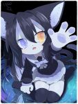  2022 2_tails 3_toes 4_fingers anthro artist_name black_body black_fur black_hair blue_body blue_eyes blue_fur blush bottomwear clothed clothing cute_fangs domestic_cat feet felid feline felis female fingers fur hair happy heterochromia high-angle_view japanese_school_uniform kemono legwear long_hair looking_at_viewer mammal multi_tail open_mouth open_smile pawpads paws sign sitting skirt smile smiling_at_viewer solo text thigh_highs toes tongue ullllcoelacanth wariza yellow_eyes young 