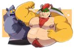  2022 anthro anthro_on_anthro belly biceps big_belly big_muscles blush body_hair border bowser canid canine canis chest_hair claws clothing collar duo eyebrows flexing fur hair hand_on_arm happy_trail hi_res horn koopa looking_at_another male male/male mammal mario_bros moobs muscle_worship musclegut muscular muscular_anthro muscular_male narrowed_eyes navel nintendo nipples non-mammal_nipples open_mouth open_smile overweight overweight_anthro overweight_male pubes scalie shell simple_background smile spiked_collar spiked_shell spikes spikes_(anatomy) splashburr star star_eyes tan_background teeth tongue tuft underwear vein video_games white_border wolf 