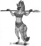  2019 4_toes anthro armwear biped black_and_white claws clothing dated digitigrade dipstick_ears dipstick_tail feet female front_view glistening glistening_nose holding_object holding_spear holding_weapon jewelry legwear mane markings melee_weapon monochrome multicolored_ears necklace polearm shadow signature skyelegs solo spear standing tail_markings toes weapon whiskers 