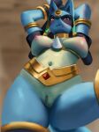  202 absurd_res anthro areola black_body blue_body blush breadpigguy breasts female genitals hi_res lucario multicolored_body nintendo nipples pok&eacute;mon pok&eacute;mon_(species) pussy red_eyes ruins_style_lucario solo tan_body video_games 