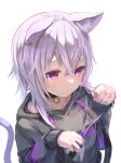  1girl animal_ear_fluff animal_ears bangs cat_ears cat_tail choker collarbone commentary_request crossed_bangs cutting_hair from_above hololive hood hoodie nekomata_okayu pi_tayuko purple_eyes purple_hair scissors sidelocks simple_background solo tail upper_body virtual_youtuber white_background 