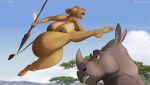  anthro big_butt bodily_fluids breasts butt disney el-loko felid female hi_res holding_object holding_spear holding_weapon lion male mammal mature_female melee_weapon nude pantherine polearm rhinocerotoid sarabi spear sweat the_lion_king thick_thighs weapon 