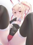  1girl ass ass_focus ayanami_(azur_lane) ayanami_(lunar_demon)_(azur_lane) azur_lane bangs black_legwear black_skirt bow breasts chinese_clothes cleavage cleavage_cutout clothing_cutout commentary_request elbow_gloves eyebrows_visible_through_hair fingerless_gloves gloves hair_between_eyes hair_bow hair_ribbon headgear light_brown_hair long_hair looking_at_viewer nakazawa_aki orange_eyes panties parted_lips ponytail red_panties retrofit_(azur_lane) ribbon sidelocks simple_background sitting skirt solo spread_legs thighhighs underwear white_background 