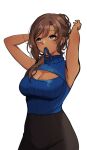  1girl adjusting_hair armpits arms_up black_skirt black_survival blue_eyes blue_shirt breasts cathy_huggins charon_(duddnd2361) cleavage cleavage_cutout clothing_cutout dark_skin earrings eternal_return:_black_survival heart heart-shaped_pupils highres jewelry medium_breasts medium_hair mouth_hold shirt simple_background skirt solo symbol-shaped_pupils white_background 