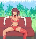  1girl bench bench_tails_(meme) bra breasts brown_hair cellix closed_mouth elbow_gloves feet_out_of_frame girls&#039;_frontline gloves grass hair_ribbon looking_at_viewer medium_breasts medium_hair meme navel outdoors park_bench red_bra red_footwear red_legwear red_shorts red_tank_top ribbon saiga-12_(crimson_navigator)_(girls&#039;_frontline) saiga-12_(girls&#039;_frontline) shorts single_thighhigh sitting smile solo spread_legs tank_top thighhighs underwear white_gloves white_ribbon yellow_eyes 