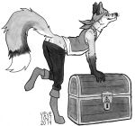  2019 anthro biped black_and_white boots bottomwear butt canid canine cheek_tuft clothing dated dipstick_tail ear_piercing facial_tuft fangs footwear fox glistening glistening_eyes glistening_nose gloves_(marking) grin inner_ear_fluff lock looking_at_viewer male mammal markings monochrome neck_tuft pants piercing pirate presenting presenting_hindquarters pupils shoulder_tuft side_view signature skyelegs slit_pupils smile solo tail_markings topwear treasure_chest tuft whiskers 