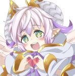  1boy baachamu blush cupid_(dragalia_lost) dragalia_lost green_eyes hair_between_eyes heart heart_hands horns looking_at_viewer open_mouth silver_hair solo sparkling_eyes 