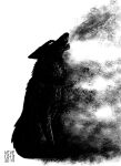  2019 ambiguous_gender black_and_white canid canine canis dated ears_back empty_eyes fangs feral howl mammal monochrome neck_tuft open_mouth pivoted_ears signature silhouette sitting skyelegs smoke solo tuft wolf 