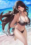  1girl absurdres arms_behind_back barefoot beach beidou_(genshin_impact) bikini black_bikini blush breasts brown_hair cameltoe cleavage cozyu eyepatch floating_hair front-tie_bikini front-tie_top genshin_impact grin hair_down hair_over_one_eye highres large_breasts long_hair looking_at_viewer navel red_eyepatch red_eyes revision side-tie_bikini smile solo standing standing_on_one_leg stomach swimsuit thighs very_long_hair water wet 