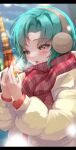  1girl absurdres blue_hair blurry blurry_background blurry_foreground blush breath d4dj down_jacket earmuffs eyebrows_visible_through_hair green_eyes hanamaki_towa hands_up highres jacket manawana open_mouth own_hands_together red_scarf scarf snowing solo striped striped_scarf upper_body 