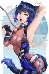  1girl absurdres animal_ears arm_up armpits bangs bare_shoulders black_hair bob_cut breasts cat_ears cat_tail chain claw_pose collar diagonal_bangs elbow_gloves eyebrows_visible_through_hair genshin_impact gloves green_eyes highres looking_at_viewer medium_breasts mole mole_on_breast open_mouth pants pixie_(pixieinktvis) presenting_armpit short_hair single_elbow_glove solo tail tight tight_pants vision_(genshin_impact) yelan_(genshin_impact) 