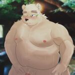  2022 absurd_res anthro belly big_belly blush genitals hi_res humanoid_genitalia humanoid_hands humanoid_penis kemono leib_(tas) lifewonders male mammal moobs nipples one_eye_closed overweight overweight_male penis polar_bear saheul_s smoking solo tokyo_afterschool_summoners ursid ursine video_games 