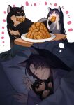  1girl absurdres animal_ears arknights bed black_hair black_kimono chopsticks closed_eyes dog dog_ears dog_girl dreaming eating facial_mark food forehead_mark highres holding japanese_clothes kimono long_hair purple_kimono saga_(arknights) shiba_inu sleeping tofu uh9 