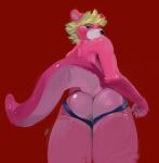  anthro biped black_nose blonde_hair butt clothing digital_media_(artwork) digital_painting_(artwork) elbow_tufts fur glistening glistening_nose green_eyes hair half-closed_eyes hi_res jockstrap looking_back low-angle_view lutrine male mammal mustelid narrowed_eyes oselotti pink_body pink_ears pink_fur pink_tail portrait rear_view red_background simple_background solo standing three-quarter_portrait underwear white_body white_fur 