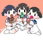  3girls black_hair blue_collar bob_cut collar daitou_(kancolle) dated dress food food_on_face hiburi_(kancolle) ice_cream ice_cream_on_face indian_style kantai_collection low_ponytail multiple_girls sailor_dress seiza short_hair short_sleeves shounan_(kancolle) sidelocks sitting socks solid_oval_eyes tsubutarou twintails wariza white_dress white_legwear 