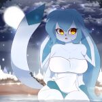  1:1 2022 amber_eyes anthro anthrofied awintermoose bathing big_breasts blue_body blue_fur blue_hair breasts cleavage clothed clothing cloud curvy_figure digital_media_(artwork) eeveelution female fur fur_markings glaceon hair hi_res hot_spring light long_ears long_tail looking_at_viewer markings moon moonlight multicolored_body nintendo onsen open_mouth partially_submerged pok&eacute;mon pok&eacute;mon_(species) rock shaded sitting snow snowcone_(awintermoose) snowing snowing_outside solo teeth text tongue towel towel_only video_games voluptuous water watermark wet wide_hips 