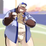  2022 absurd_res anthro ball baseball_(ball) baseball_(sport) baseball_cap baseball_field baseball_glove belly big_belly black_nose brown_body bulge clothing dokyudokyu1 hat headgear headwear hi_res humanoid_hands kemono male mammal navel outside overweight overweight_male solo sport underwear ursid 