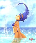  blue_hair braided_hair breasts canid canine carmelita_fox choker clothing ear_piercing ear_ring female fox fur hair hi_res jewelry mammal necklace orange_body orange_fur piercing sky sly_cooper_(series) solo sony_corporation sony_interactive_entertainment sucker_punch_productions swimwear video_games water winkyfaces 