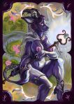  abstract_background anthro antlers big_breasts black_body black_fur bovid breasts caprine female flower fur goat hi_res horn jewelry looking_at_viewer magic_user mammal nipple_piercing nipples nude philomena_(chaosreverent) piercing plant silkyfangs sitting solo staff witch 