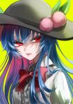 1girl absurdres bangs black_headwear blue_hair bow bowtie center_frills eyebrows_behind_hair food frills fruit highres hinanawi_tenshi leaf long_hair looking_at_viewer mamiru_(42105269) one-hour_drawing_challenge peach red_bow red_bowtie red_eyes simple_background solo touhou upper_body yellow_background 
