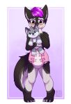  anthro biped black_body black_fur black_nose black_tail blush cheek_tuft claws diaper facial_tuft front_view fur glistening glistening_eyes gloves_(marking) hair hi_res inner_ear_fluff leg_markings looking_at_viewer male markings pink_diaper plushie purple_eyes purple_hair riddlr shoulder_tuft simple_background socks_(marking) solo standing tuft white_body white_claws white_diaper white_fur white_inner_ear_fluff white_tail 