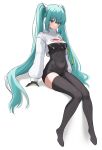  1girl absurdres aqua_eyes aqua_hair bangs black_bodysuit black_legwear bodysuit breast_curtains breasts closed_mouth commentary covered_navel erenav eyebrows_visible_through_hair full_body hair_ornament hatsune_miku highres knees_together_feet_apart long_hair long_sleeves looking_down puffy_long_sleeves puffy_sleeves racing_miku_(2022) shadow shrug_(clothing) sitting small_breasts smile solo thighhighs twintails vocaloid 