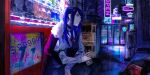  1girl alley cigarette copyright_name cyberpunk drink english_text highres jacket jacket_on_shoulders jill_stingray neon_lights night price purple_hair red_eyes smoking solo sushiwa tin_can twintails va-11_hall-a vending_machine 