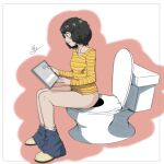  1girl adictreader black_eyes black_hair bottomless casual clothes_pull kawakami_sadayo lowres non-web_source panties pants pants_pull panty_pull persona persona_5 shoes sitting toilet toilet_use underwear 