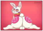  anthro asian_clothing balls big_butt bodypaint bubble_butt butt chinese_clothing clothing east_asian_clothing fur genitals hi_res lagomorph leporid male mammal rabbit red_background round_tail simple_background solo tunemon virtue&#039;s_last_reward white_body white_fur zero_escape zero_iii 