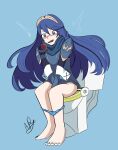  1girl adictreader barefoot blue_eyes blue_hair blue_nails embarrassed fire_emblem fire_emblem_awakening highres lucina_(fire_emblem) non-web_source panties panty_pull toilet toilet_use underwear 