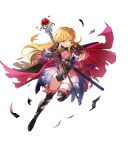  1girl armor bangs black_footwear black_gloves blonde_hair boots breasts brown_eyes cape cleavage_cutout clothing_cutout elbow_gloves fire_emblem fire_emblem:_genealogy_of_the_holy_war fire_emblem_heroes full_body gloves gradient gradient_clothes highres lachesis_(fire_emblem) long_hair looking_at_viewer medium_breasts non-web_source official_alternate_costume official_art satoupote shiny shiny_hair shoulder_armor sword thigh_boots thighhighs torn_cape torn_clothes weapon zettai_ryouiki 