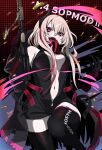  1girl :d black_jacket black_legwear bullet coat girls&#039;_frontline gloves highres holding holding_weapon jacket jumpsuit long_hair m4_sopmod_ii m4_sopmod_ii_(girls&#039;_frontline) mechanical_arms mod3_(girls&#039;_frontline) multicolored_hair open_clothes pink_hair red_eyes red_hair single_mechanical_arm smile solo streaked_hair weapon zandorosouls 