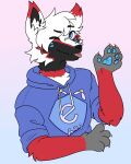  anthro aroc azzre black_body black_fur blue_clothing blue_eyes blue_hoodie blue_topwear canid canine canis claws claws_out clothing e621 e621_logo fox fur gesture gradient grey_body grey_fur hair hi_res hoodie hybrid male mammal pawpads paws red_body red_fur tongue tongue_out topwear waving waving_at_viewer white_body white_fur wolf 