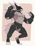  2022 abs anthro armor biped bracers canid canine canis claws clothed clothing digital_media_(artwork) digitigrade elden_ring finger_claws fromsoftware fur hair headgear helmet hi_res jrjresq male maliketh_(elden_ring) mammal midriff muscular muscular_anthro muscular_male open_mouth partially_clothed pecs pose serratus simple_background skimpy solo toe_claws video_games white_body white_hair wolf 