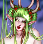  1girl belly berry breasts bug butterfly earrings forest green_eyes green_hair highres horns jewelry leaf lixsium long_hair nature navel nipples nude original pointy_ears red_lips 