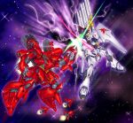  1980s_(style) anaheim_electronics battle beam_saber char&#039;s_counterattack drone duel electricity energy funnels gundam highres john_r mecha mobile_suit neo_zeon nightingale nu_gundam retro_artstyle robot roundel science_fiction shield space starry_background thrusters zero_gravity 