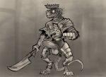  2022 anthro armor balls biped daftpatriot digital_media_(artwork) erection genitals greyscale grin headgear helmet holding_object holding_sword holding_weapon humanoid_genitalia humanoid_penis male mammal melee_weapon monochrome penis rodent skaven smile solo storm_vermin sword warhammer_(franchise) weapon 