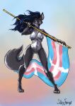  anthro breasts canid canine canis ears_up female flag flowing_hair genitals gradient_background hair lgbt_pride looking_aside mammal navel nude pride_colors pussy silkyfangs simple_background solo transgender_pride_colors wolf 