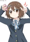  1girl absurdres bangs blue_jacket blue_ribbon blush brown_eyes brown_hair closed_mouth commentary_request cynical_(llcbluckg_c004) eyebrows_visible_through_hair hair_between_eyes hair_ornament hairclip highres hirasawa_yui holding holding_scissors jacket k-on! long_sleeves neck_ribbon ribbon sakuragaoka_high_school_uniform school_uniform scissors shirt short_hair simple_background upper_body white_background white_shirt 