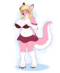  absurd_res anthro big_breasts blonde_hair blue_eyes blush bottomwear bra breasts canid canine canis clothing dragon exposed_breasts female fur hair hi_res horn hybrid kina_heijima mammal pink_body pink_fur roketchu skirt slightly_chubby solo underwear wolf 