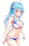  1girl absurdres ahoge bare_shoulders bikini blue_bikini blue_hair blush breasts cleavage closed_mouth collarbone cowboy_shot flower groin hair_flower hair_ornament hatsanxp heart_ahoge highres hololive large_breasts light_blue_hair long_hair looking_at_viewer navel pointy_ears ponytail pulled_by_self side-tie_bikini sidelocks simple_background solo stomach strap_pull swimsuit two-tone_bikini virtual_youtuber white_background white_bikini white_flower yellow_eyes yukihana_lamy 