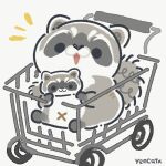  2022 black_eyes black_nose chibi dot_eyes feral grey_body mammal navel procyonid raccoon shopping_cart sitting solo white_body x_navel yencatx 