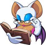  anthro armwear book breasts bust_portrait chiropteran cleavage clothed clothing elbow_gloves english_text eyewear female glasses gloves handwear mammal omegasunburst portrait reading rouge_the_bat sega solo sonic_the_hedgehog_(series) text wings 