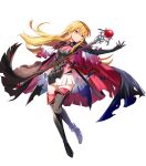  1girl armor bangs black_footwear black_gloves blonde_hair boots breasts brown_eyes cape cleavage_cutout clothing_cutout elbow_gloves fire_emblem fire_emblem:_genealogy_of_the_holy_war fire_emblem_heroes full_body gloves gradient gradient_clothes highres lachesis_(fire_emblem) long_hair looking_at_viewer medium_breasts non-web_source official_alternate_costume official_art satoupote shiny shiny_hair shoulder_armor sword thigh_boots thighhighs torn_cape torn_clothes weapon zettai_ryouiki 
